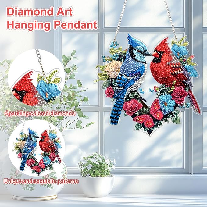 TOSTOG Bird Diamond Art Hanging Kits for Adults, Cardinal Bluebird Diamond Painting for Adults Window Pendant, Special Shape Diamonds Diamond Painting Hanging Pendant Kit for Decor Gift