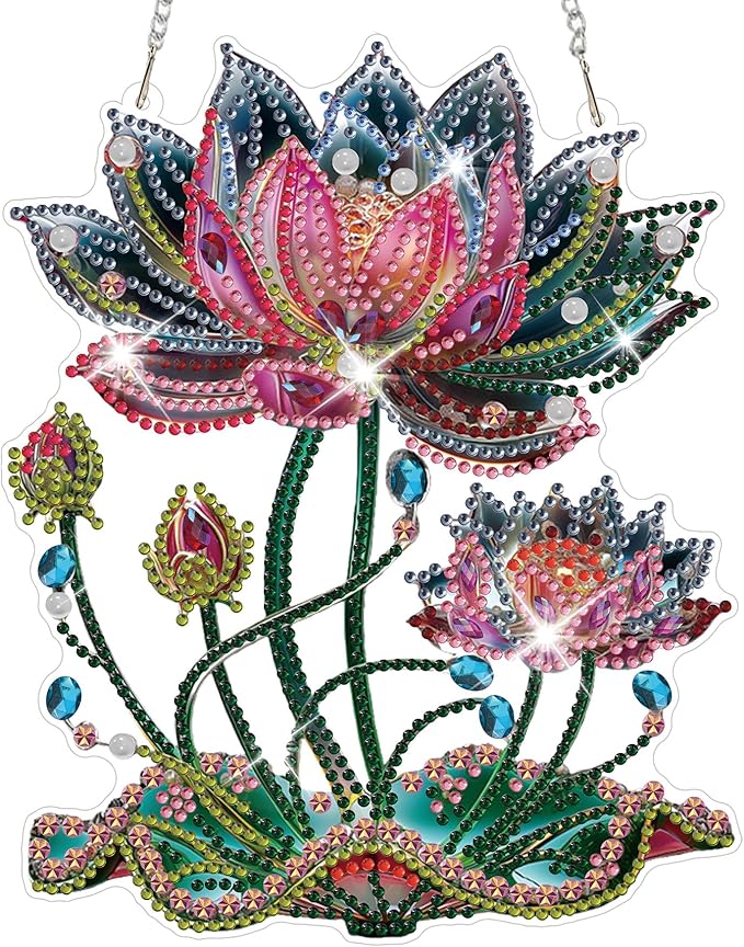 HEIBAGO Lotus Diamond Art Hanging Kits for Adults, Flower Diamond Art Suncatchers, 5D Special Shape Diamond Painting Pendant, DIY Window Ornament Gifts for Home Garden Door Wall Decor 8.3x8.3 in