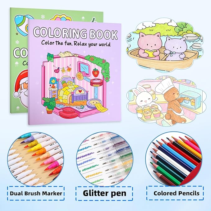yqwuco coloring book set for adults,cute coloring book for adults relaxation with 60 colored markers, anxiety relief gifts with 80 patterns included animal spaces