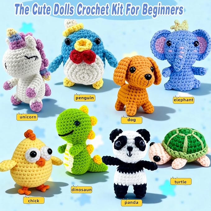 Cosminy 8Pcs Crochet Kit for Beginners, DIY Craft for Adults and Kids, Great Gift for Crochet Lovers, Crocheting Animal Kits with Step by Step Videos,Yarn,Crochet Hook,Birthday Holiday Gift