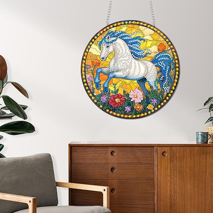 Reofrey Hanging Diamond Art Kits for Adults - 8x8 Inch Horse Acrylic Board Double Sided Pattern Diamond Painting Suncatcher Pendant, DIY Crystal Art for Home Wall or Window Decoration Handmade Gift