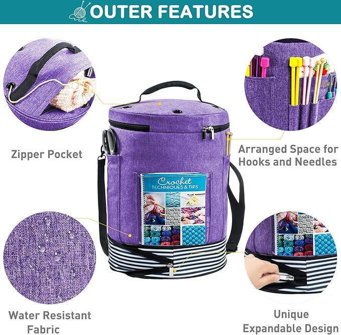 Expandable Crochet Bag - Knitting and Yarn Storage Organizer Tote with Zipper Closure - Ideal Gift for Crocheting Accessories and Supplies