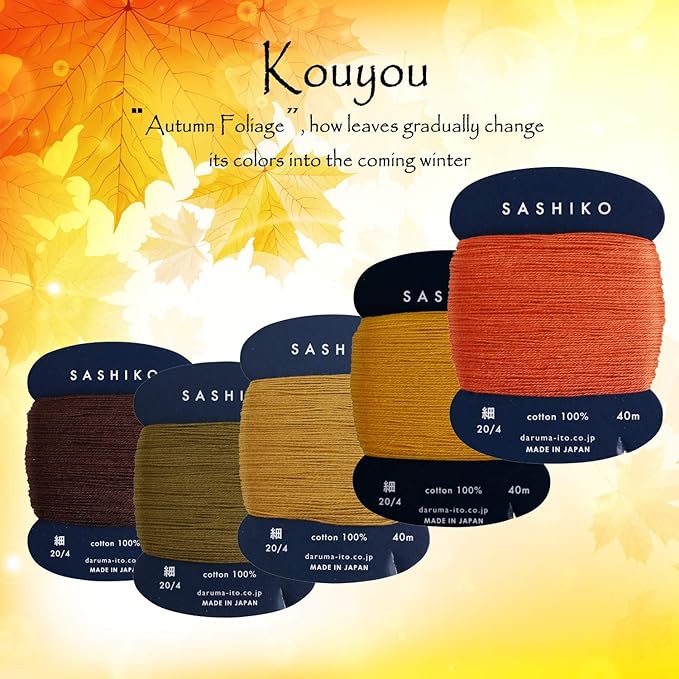 DARUMA Sashiko Thread 100% Cotton Card Type (43.7 yd) x 5 Colors with English Manual, Sewing & Embroidery Value Set with Gift Package(Thin, Kouyou)
