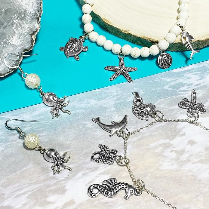 Heather's cf Silver Sea Charms – Antique Pendants, Non-Tarnish, Lead-Free & Nickel-Free, Bulk Ocean Animal Charms for DIY Jewelry, Bracelets, Necklaces, Earrings, Beach Craft Supplies (Sea Animals)
