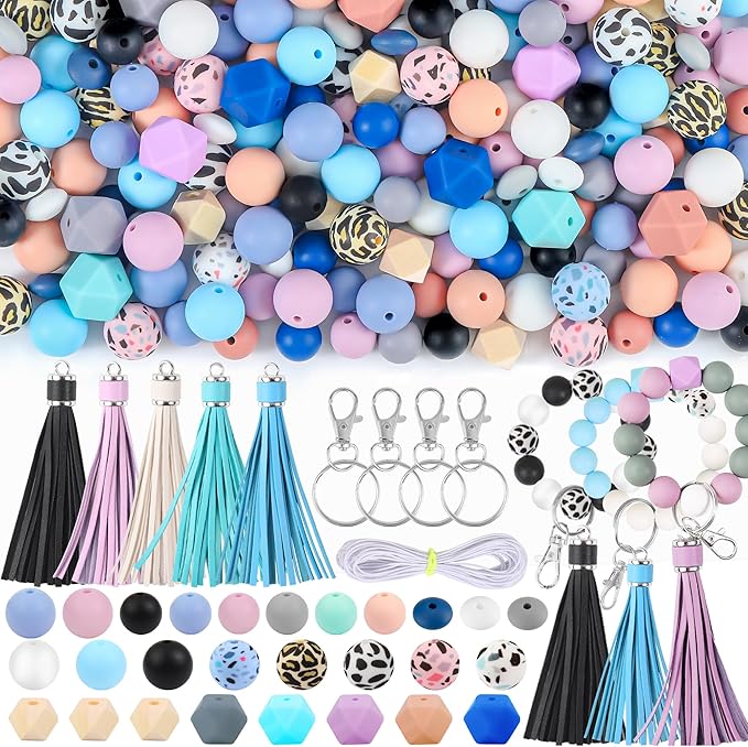 CZWZ 141pcs Silicone Beads for Keychain Making Kit 15mm 12mm Round 14mm Polygonal Silicone Loose Beads Bulk for Pens Bracelet Necklace Crafts Making