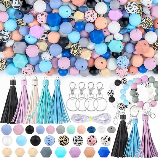 CZWZ 141pcs Silicone Beads for Keychain Making Kit 15mm 12mm Round 14mm Polygonal Silicone Loose Beads Bulk for Pens Bracelet Necklace Crafts Making