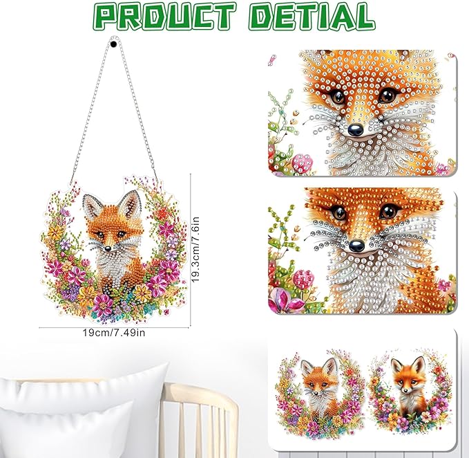 KEYIFA Fox Hanging Diamond Art Painting Kits for Adults and Kids Age 8-12, 5D Special Shape Diamond Dots Kit Flowers, Crystal Gem Painting Art Crafts for Window, Wall, Door, Garden Decor