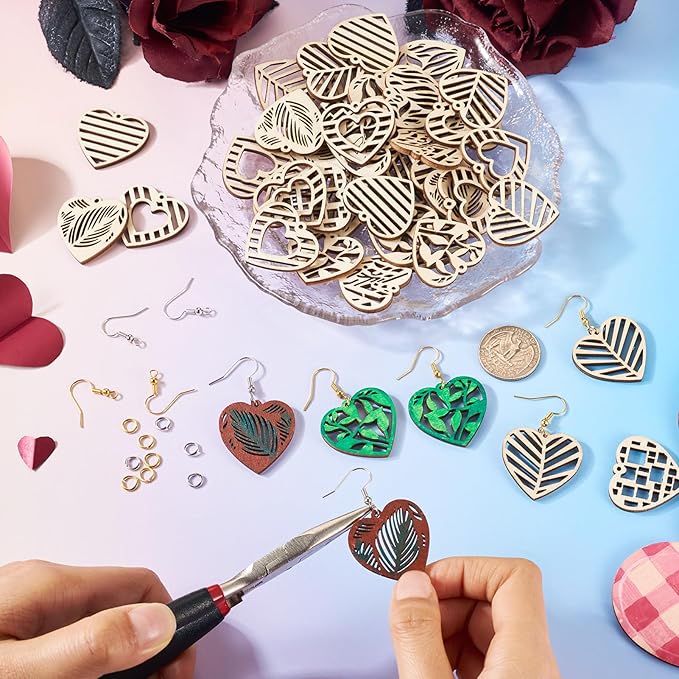 Elecrelive 60pcs Heart Wooden Earring Charms Heart Filigree Earring Making Kit with Ear Wires Jump Rings for Valentine's Day DIY Necklace Jewelry Making