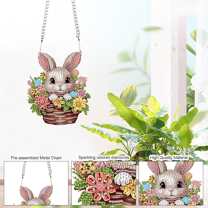 AiYuanzsh Rabbit Flower Basket Diamond Painting Hanging Kit, 5D DIY Acrylic Special Shaped Diamond Art Pendant Ornament with Chain for Wall, Door, or Garden Decor, Easter Diamond Art Kit for Adults
