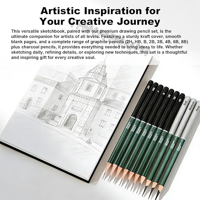 Sketchbook and Pencil Set - Spiral Bound Hardcover with 60 Sheets & 12 Charcoal Pencils (Hard/Medium/Soft) for Professional Artists and Beginners