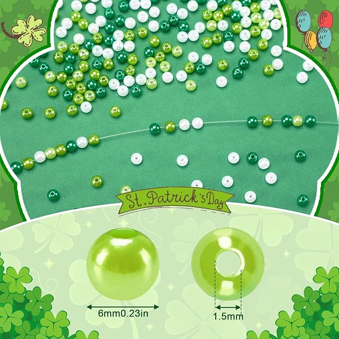 UPINS 1200Pcs St. Patrick's Day Green Pearl Beads,Irish Beads for Jewelry Making Party Decoration Necklace Bracelets Earrings Hair Beads DIY Crafts Supplies (4 Colors)