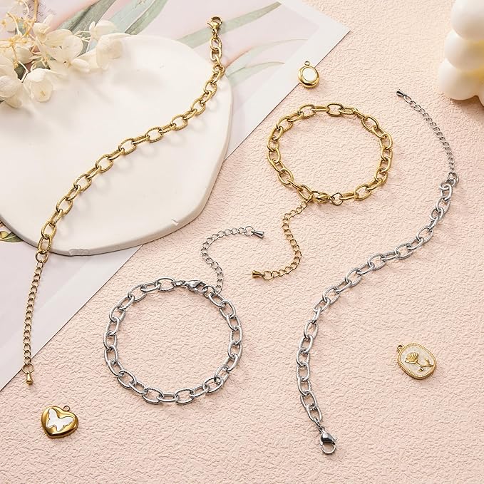 KYUNHOO 6.7 Inches Bracelet Chain for Jewelry Making 10pcs Stainless Steel Jewelry Links on Bulk Silver and Gold Plated Embossed Oval Chains for Bracelets DIY with Extender