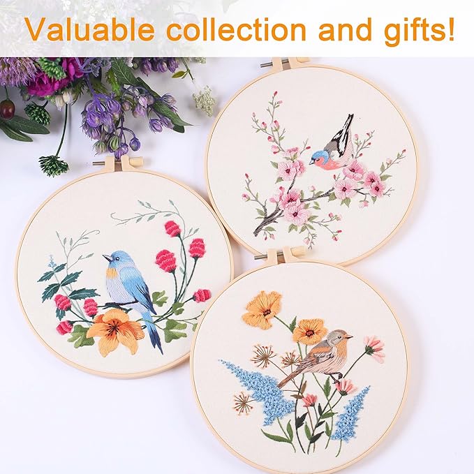 reewisly 3p embroidery starter kit patterns, diy adult cross stitch kits beginner, including 3 plastic embroidery rings, 1 scissors, colored threads,needles and instructions