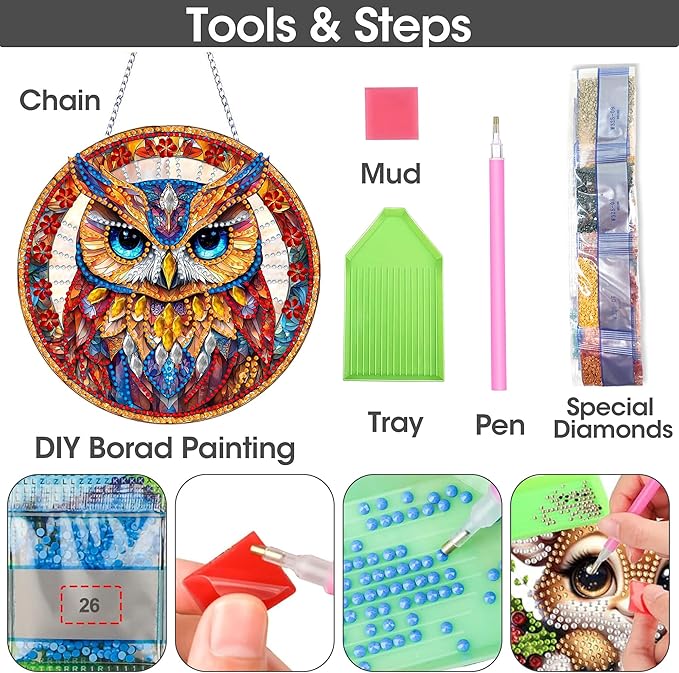 SKRYUIE Owl Hanging Diamond Art Kits for Adults Pendant Suncatcher, Special Shaped Crystal DIY Pearl Diamond Painting Kit, Gift for Mother Spring Summer Window Wreath Decor 7.21 x 7.29 Inch A21