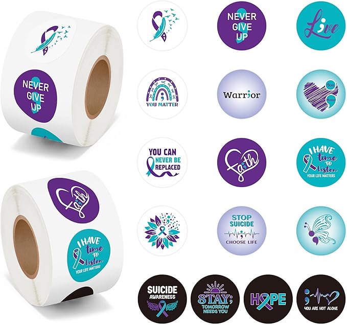 beyumi suicide awareness roll stickers - 1000pcs suicide prevention awareness stickers in 2 rolls waterproof vinyl teal purple ribbon decals laptop bottle notebook luggage gift decor for kids teens