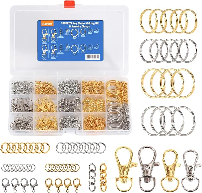 KIAFUM 1000-Piece Keychain Making Kit - Gold and Silver Lobster Claw Clasps, Key Rings, Jump Rings, Charms & Chains for DIY Craft Supplies, Jewelry Making, Bag Charms, and Lip Gloss Lanyards