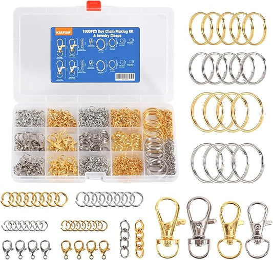 KIAFUM 1000-Piece Keychain Making Kit - Gold and Silver Lobster Claw Clasps, Key Rings, Jump Rings, Charms & Chains for DIY Craft Supplies, Jewelry Making, Bag Charms, and Lip Gloss Lanyards