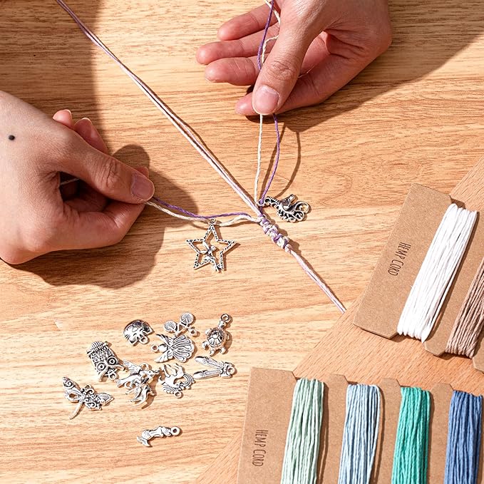Quelay Hemp Cords Jewelry DIY Making Kits, 16 Pcs 84 Yards Flax String Cord, Natural Twine Rope and 194 Pcs Silver Bracelet Charms for Friendship Bracelet Necklace Making, Keychain Gift Craft Making