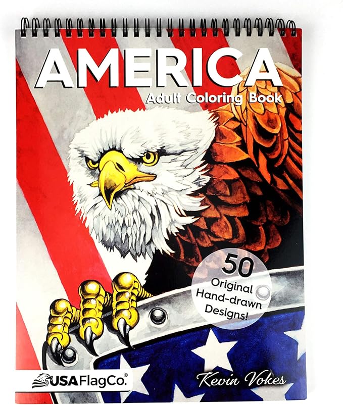 America Adult Coloring Book - 50 Hand Drawn American Designs Printed on Artist Paper, Thick Covers, Top Spiral Bound, Perforated Pages, and Blotter Page by USA Flag Co.