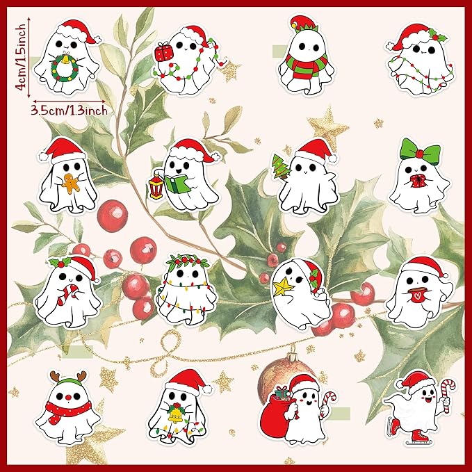 beyumi christmas cute ghost stickers - 1000pcs christmas cute ghost rolled stickers in 2 rolls xmas red santa hat boo adhesive waterproof vinyl decals holiday party school envelope scrapbooking decor