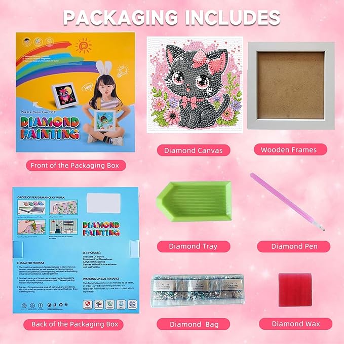 Cat Diamond Art Kits for Kids with Frame-Cat Diamond Art for Kids Ages 4-8-12 with Frame,Animals Diamond Painting Kits for Kid for Gift Home Wall Decoration(7x7inch)