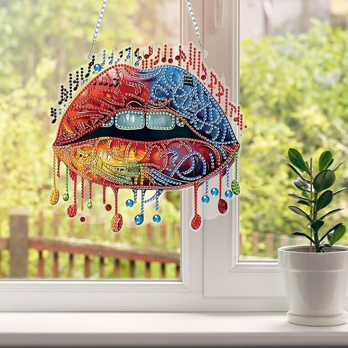 HEIBAGO Music Diamond Art Hanging Kits for Adults, Diamond Art Suncatchers Mouth, 5D Special Shape Diamond Painting Pendant, DIY Window Ornament Gifts for Home Garden Door Wall Decor 8.3 x 8.3 Inch