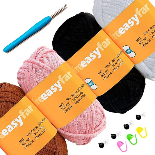 4x50g Beginner Easy Yarn Kit for Crocheting and Knitting; Worsted-Weight Medium #4;Crocheting and Knitting kit with Tool Set (Pink+Latte+White+Black, 4 Skein)