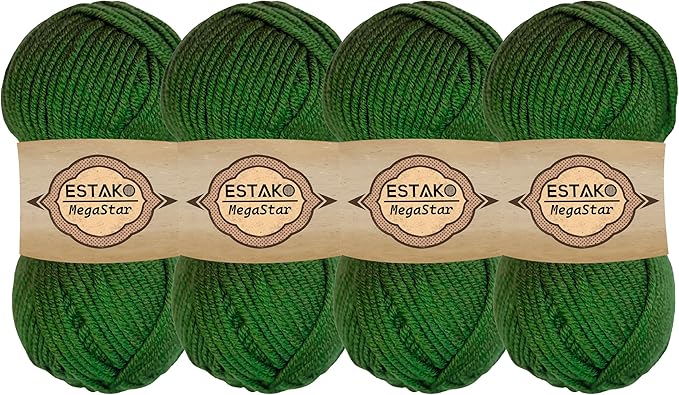 Estako Megastar, (4 Skeins Pack) 75% Acrylic 25% Wool Yarn, Soft, Chunky Bulky Weight #5 for Crochet and Knitting (4 x 3.52 Oz) / (4 x 120 Yrds) (64246 - Green)