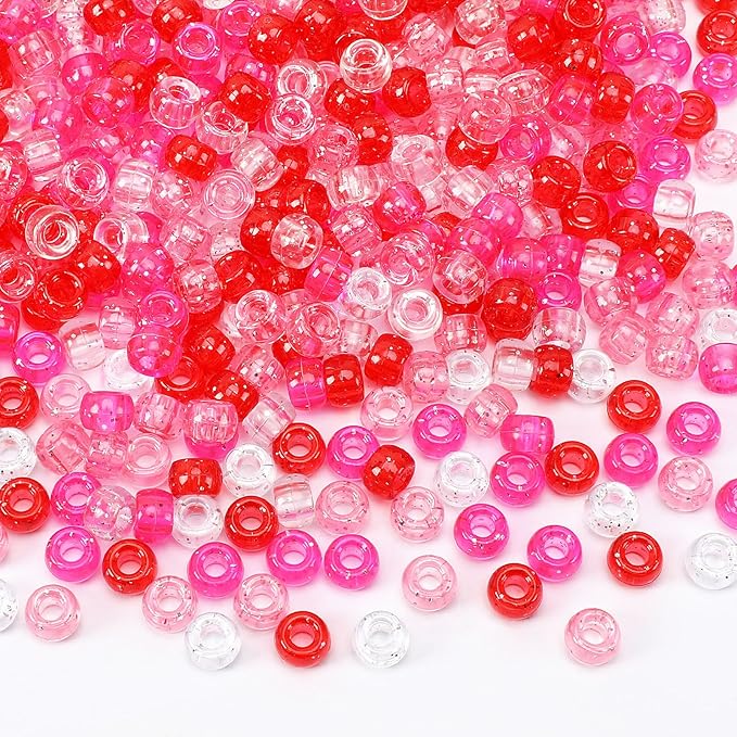 UPINS Valentine's Day Pony Beads, 1200Pcs Glitter Pink Red Round Plastic Craft Pony Beads for Jewelry Making Valentines Party DIY Decoration Necklace Bracelets Romantic Accessories (4 Colors)
