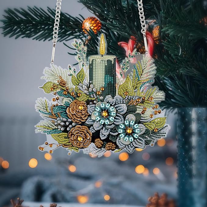 Christmas Diamond Painting Hanging Ornament Kit, 5D DIY Crystal Diamond Art Pendant with Candle and Floral Decoration, Holiday Wall, Window & Door Hanging Decor for Adults, Home Gift, 24.1 x 21.9 cm