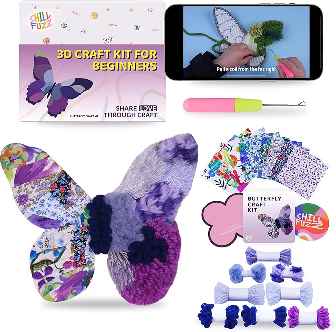 ChillFuzz DIY Boho Butterfly Coaster Kit Handcrafted Yarn Craft Set for Adults & Teens Colorful Crochet Coasters Beginner-Friendly DIY Home Decor Purple Aurora