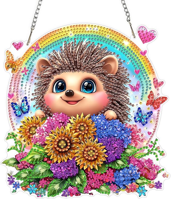 QENSPE Diamond Painting Art Hanging for Adults, Cute Hedgehog Special Shape Diamond Paingting Ornaments Kits with Chain, DIY Flowers Crystal Window Pendants for Home Wall Decor Gifts 20X20 cm