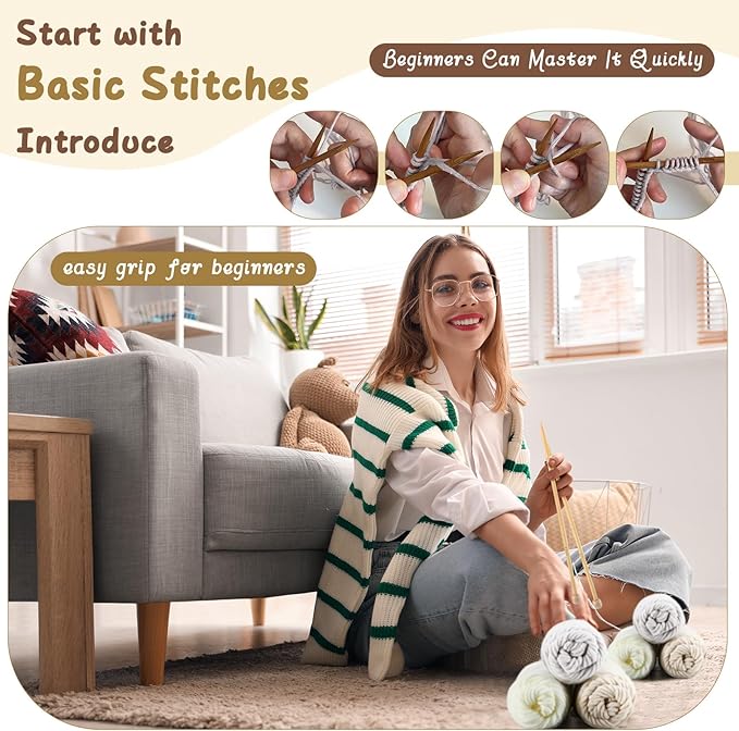 Syhood Knitting Kits for Beginners Adults Hat Knit Kit with Yarn, Bamboo Needles, Faux Pom Practical and Easy to Use Complete Beginners for Women and Men Lovely Present(White, Khaki White, Khaki)