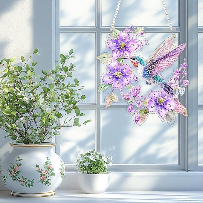 TOSTOG Diamond Art Hanging Kits for Adults, Diamond Paintings for Adults Window Pendant, Hummingbird Diamond Art Kits, Bird Diamond Paintings Hanging Pendant Kit Gem Painting Wall Decor Gift