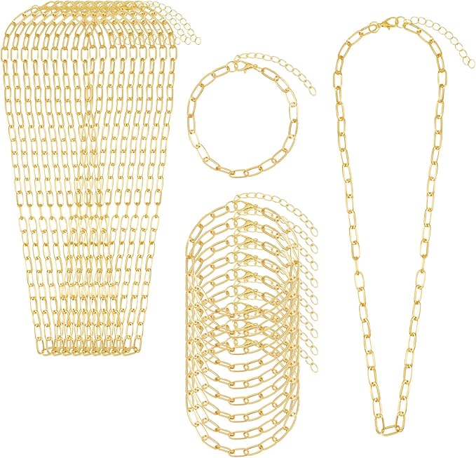 Oqqlin 20 Pcs Paperclip Chain Necklace Bracelet Kit, Gold Charm Necklace Bracelets Making Kit with Lobster Clasps Alloy Paperclip Chain Bulk for DIY Jewelry Making (18 Inch, 6.5 Inch)