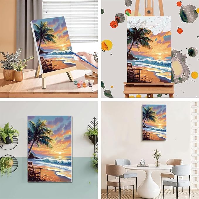 Beach Paint by Numbers for Adults with Framed Canvas - with Wooden Easel, Landscape Paint by Number on Canvas, DIY Sunset Acrylic Oil Painting Kits with Brushes for Home Wall Decor (8x12 inch)