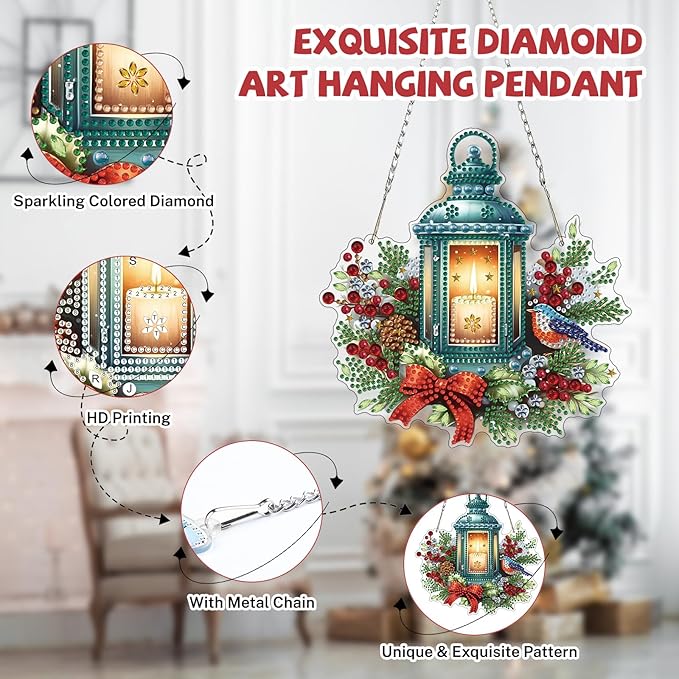 Bowetile Christmas Diamond Art Hanging Kits for Adults, Candlelight Diamond Art Suncatchers, 5D Special Shape Diamond Painting Pendant Window Ornament Christmas Gifts for Home Door Wall Decor