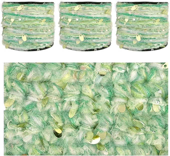 Artisanal Yarn Collection Multifiber Fancy Yarn with Sequins & Iridescent Shimmering Threads for Knitting Crocheting Crafts DIY, Set of 3 Rolls (Pastel Lime)