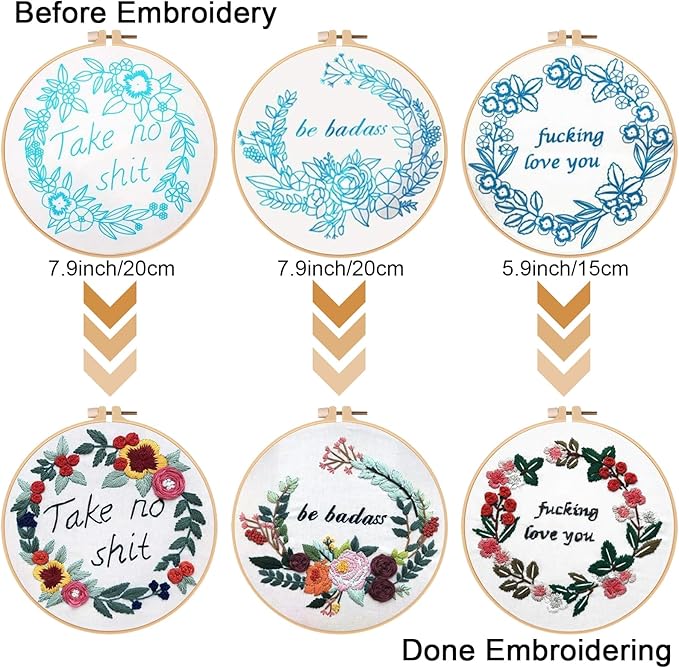Louise Maelys Embroidery Starter Kit with 3 Hoops for Adults Funny Floral Wreath Pattern for Beginners Needlepoint Kits