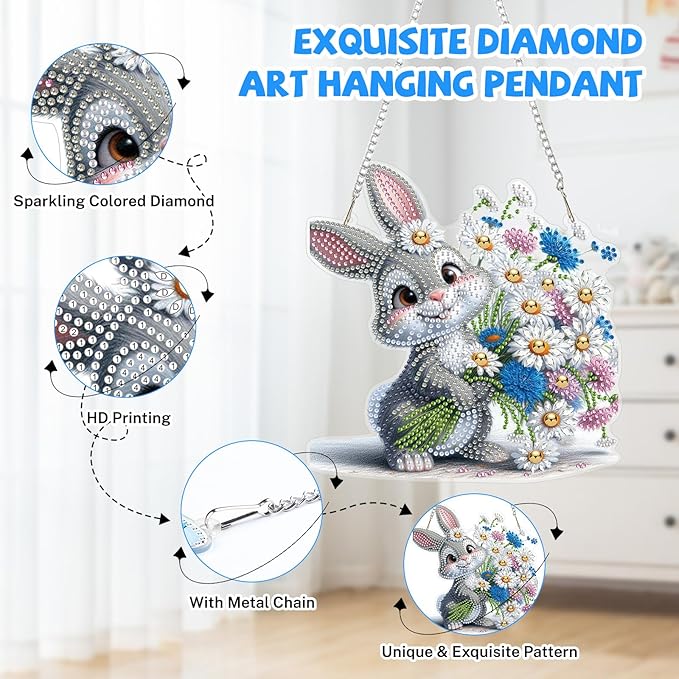 Bowetile Rabbit Diamond Art Hanging Kits for Adults, Diamond Art Suncatchers Bunny, 5D Special Shape Diamond Painting Flowers Pendant Window Ornament Easter Gifts for Home Wall Decor