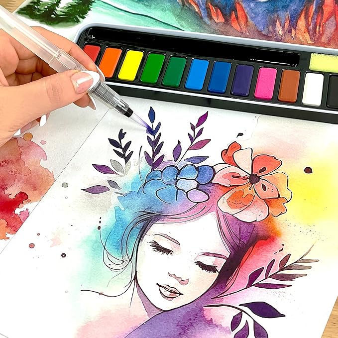 ArtSkills Travel Watercolor Kit, Watercolor Paint Set for Kids & Adults, Travel Palette with Water Brush