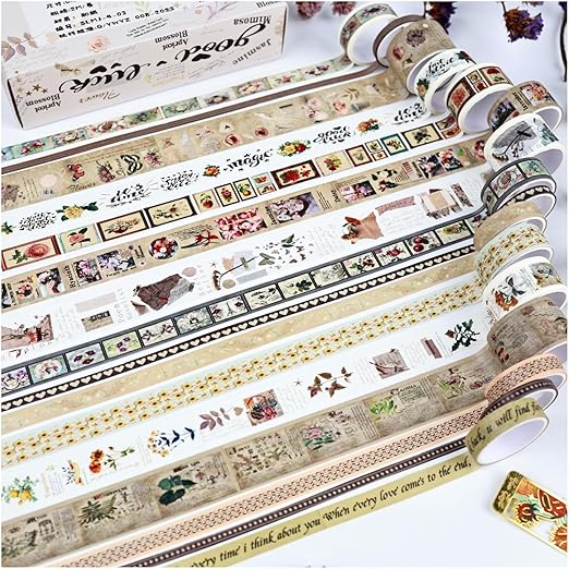 Washi Tape Set, 20 Rolls Time Imprint Theme, Washi Tape for Journaling, Decorative Tape for Scrapbooking, Junk Journal Supplies