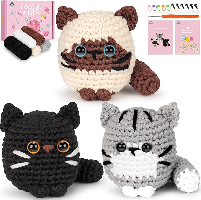 Fortuning's JDS Crochet Kit for Beginners, Cat Crochet Kit for Adults Beginner, Complete DIY Crochet Starter Kit with Step-by-Step Video Tutorials, Easy Knitting Kit Cat Crochet Gifts