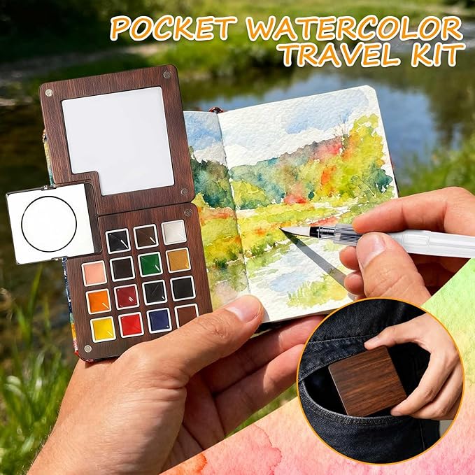Esoes Mini Watercolor Travel Set - 15 Color Updated Wooden Water Color Paint Set, Portable Pocket Artist Painting Kit With Colors for Painters Artists Students
