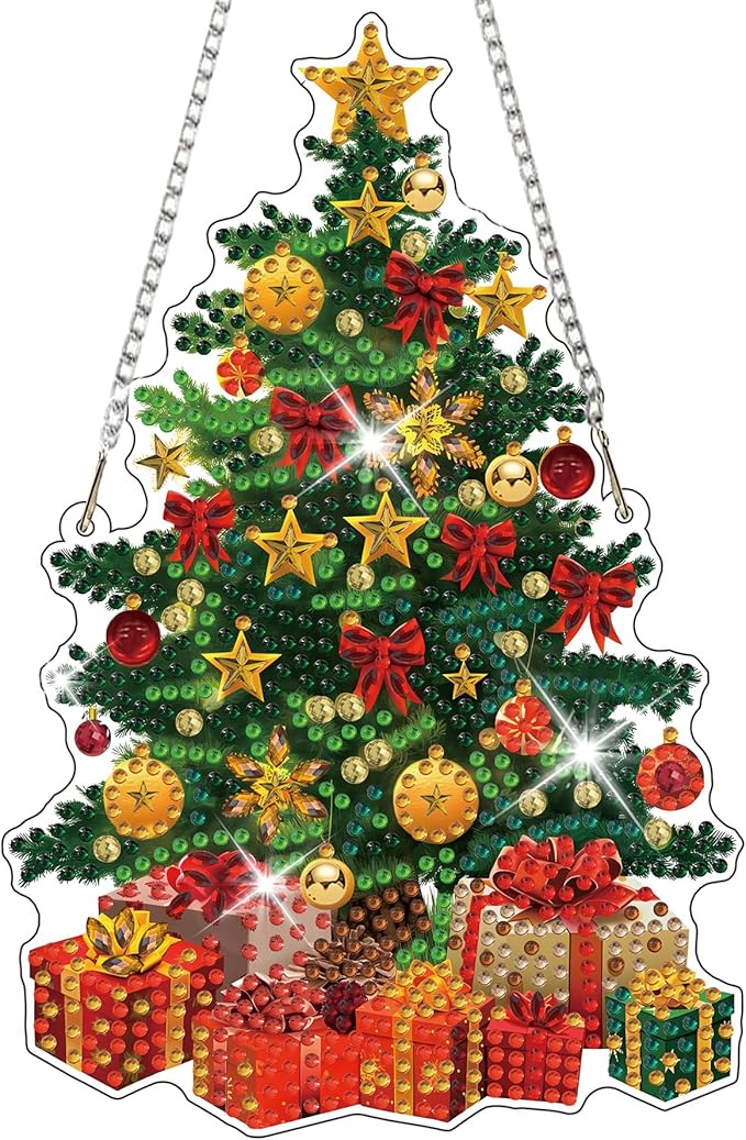 HEIBAGO Christmas Tree Diamond Art Hanging Kits for Adults Kids, 5D Special Shaped Crystal Diamond Painting Kit, DIY Pattern Window Pendant Gem Art Kit for Home Wall Decor 8.3 x 8.3 Inch