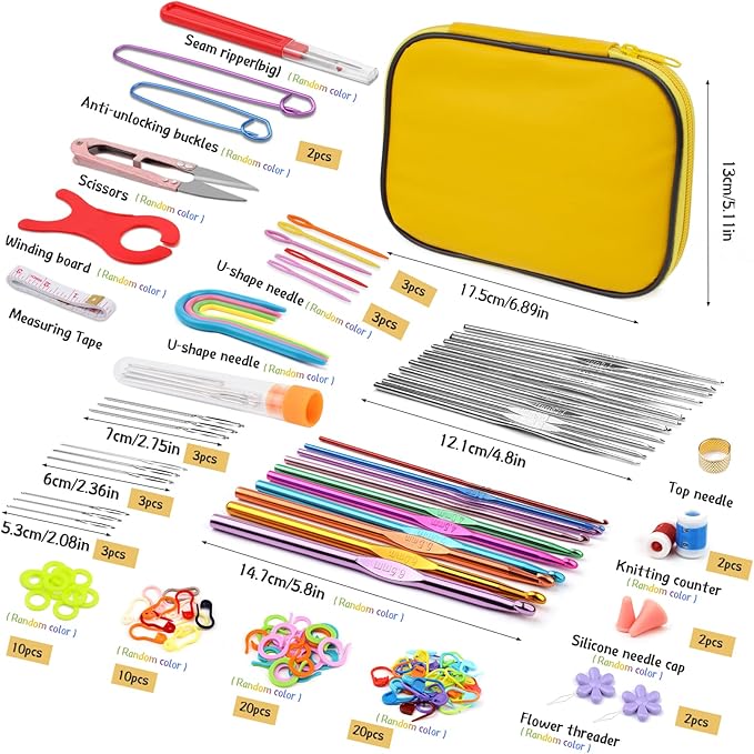 IMZAY 110 Pcs Crochet Hooks Set, Crochet Needles Set, Crochet Hooks Kit with Storage Case, Ergonomic Knitting Needles Stitch Marker DIY Hand Knitting Craft Art Tools for Beginners, Yellow