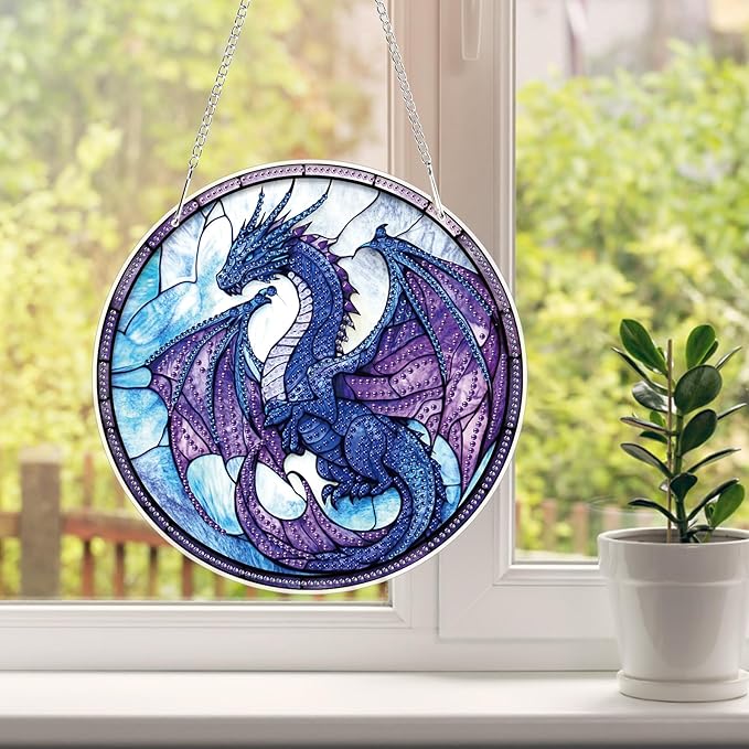 HEIBAGO Dragon Hanging Diamond Art Kits for Adults, Special Shaped Crystal Diamond Painting Ornament Kit, Stained Glass DIY Double-Sided Pattern Gem Art Kit for Home Wall Decor 8.3x8.3inch