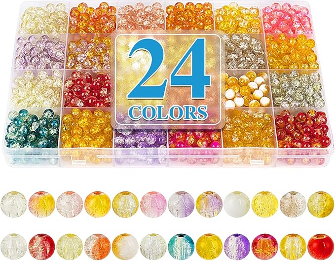 XSEINO About 1200pcs 6mm Crack Glass Beads Bracelet Making Kit,24 Style Crack Sunshine Yellow Series Colorful Crystal Beads for Jewelry Bracelet Making,DIY Crafts,Friendship Bracelets,Necklaces