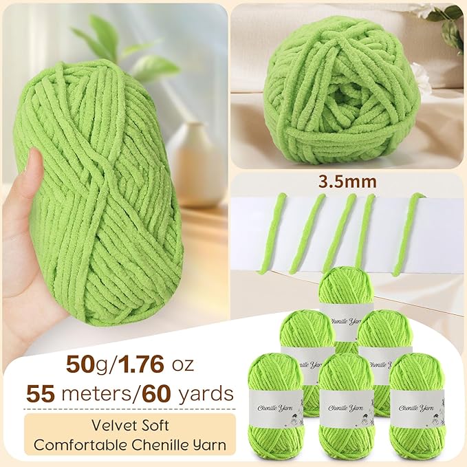 SIMEIQI 6 Pack of 1.76oz Chenille Yarn for Crocheting,60yards Soft Fluffy Velvet Yarn, Ideal Crochet for DIY Baby Blankets Toys Scarves Throw Pillows Hats Cushions(Grass Green)