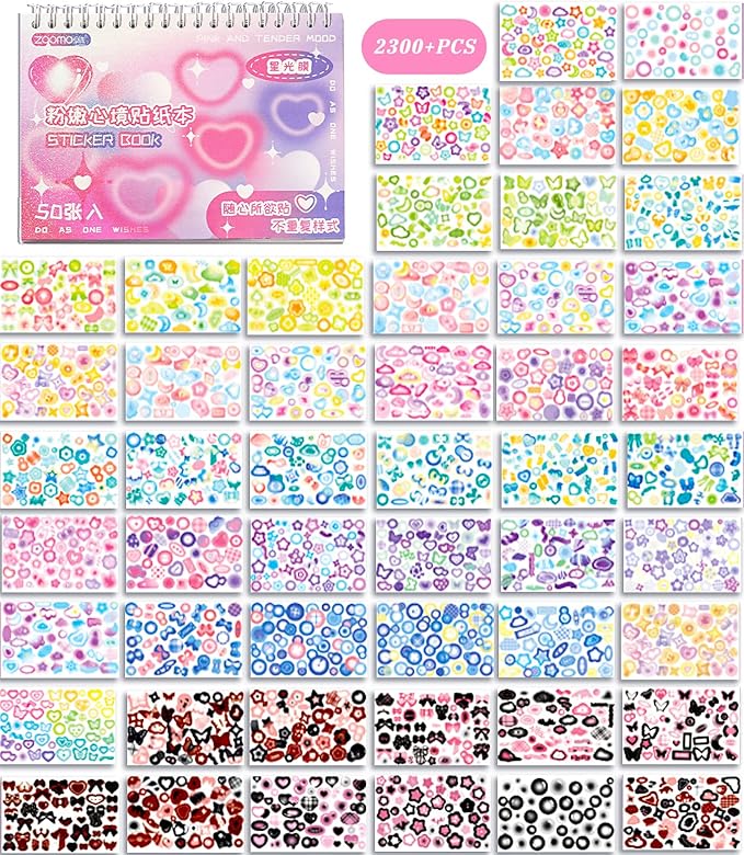 DAPUTOU 2300PCS Scrapbook Stickers Cute Butterfly Stars Heart Stickers Self Adhesive Korean Bows Ribbons Stickers Book for Kids Girls Boys Aesthetic Craft Scrapbooking Junk Journal Diary 50-Page